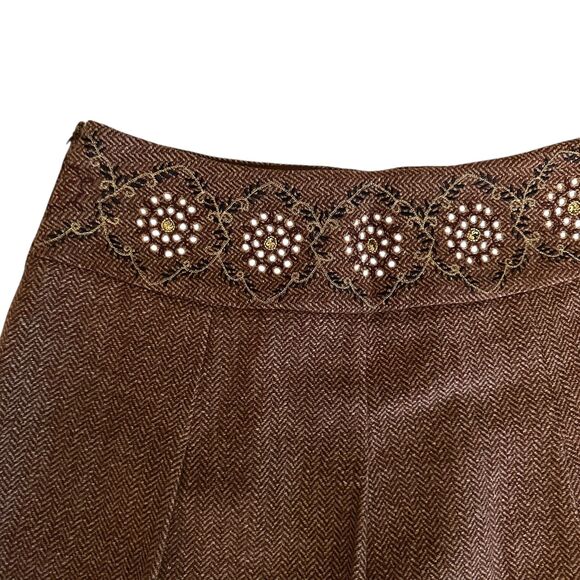 Loft Brown Tweed Embroidered Beaded Wool Blend Pleated A-Line Skirt Size 8 - Picture 2 of 6